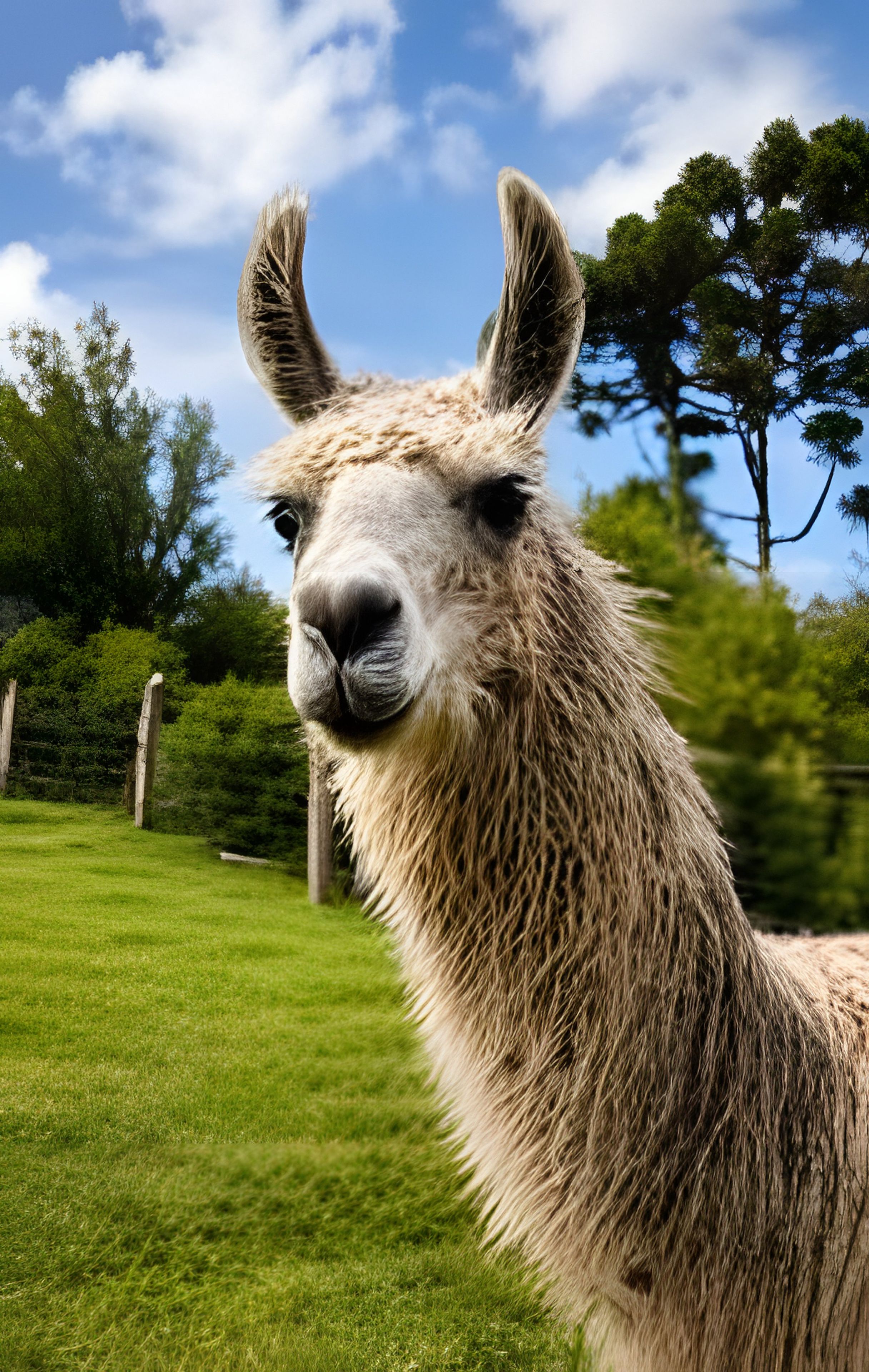 A llama in a grassy field with trees in the background.