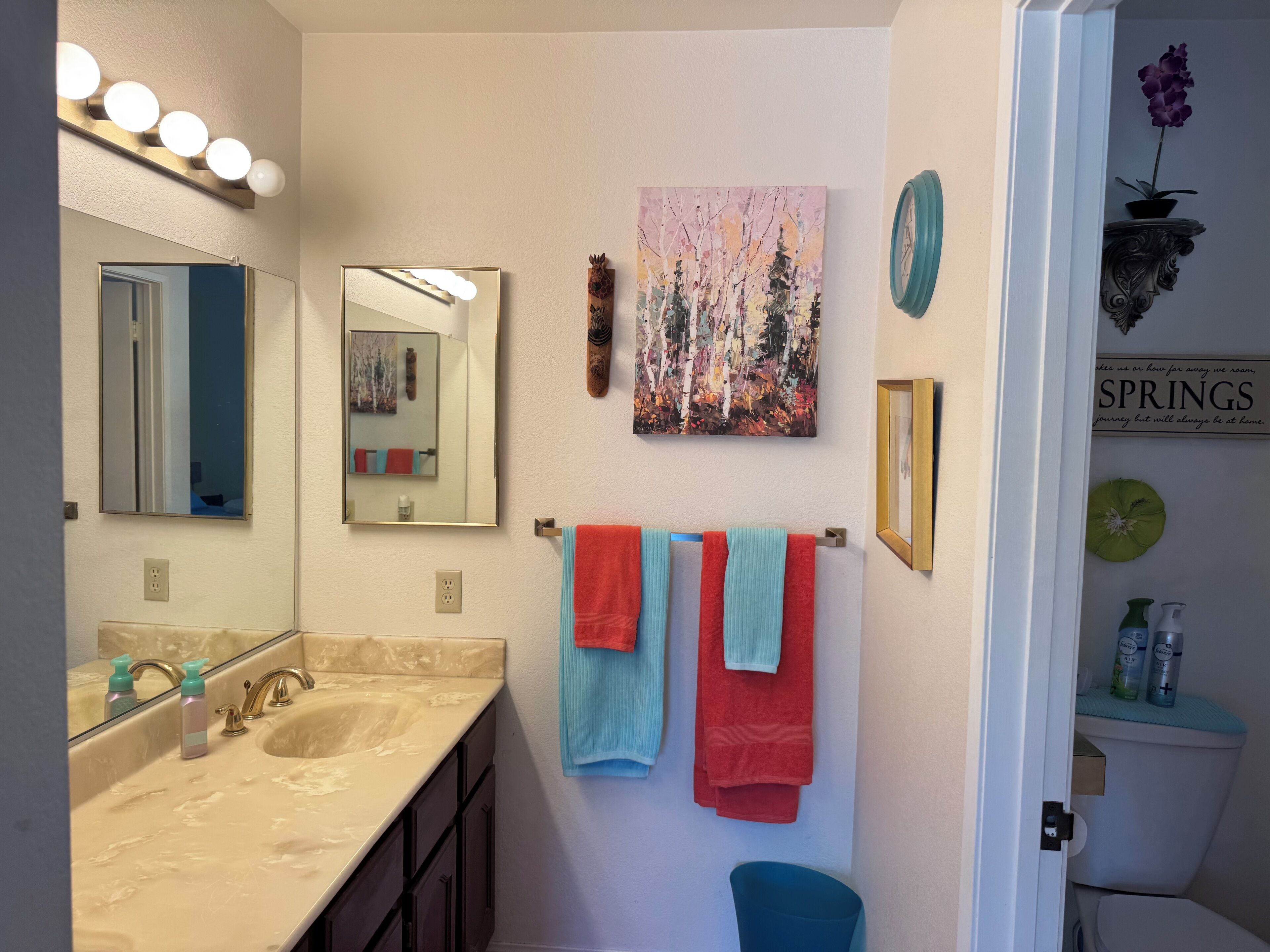 Shower, towels, soap, toilet paper