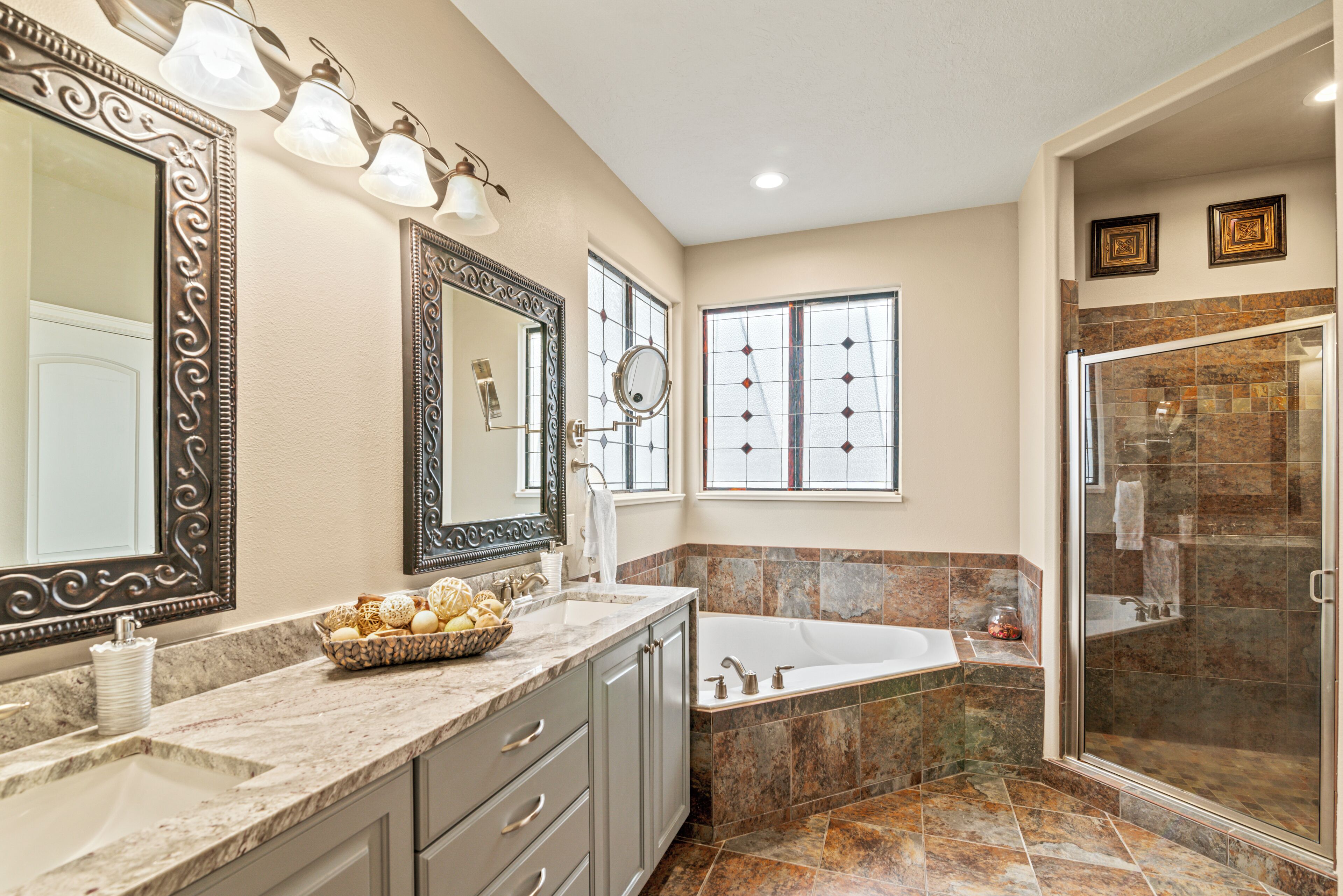 Jetted bath, hair dryer, towels, soap