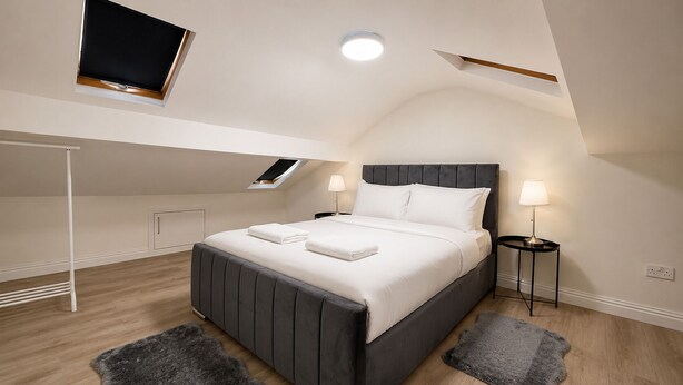 A modern bedroom with a bed, bedside lamps, a skylight, and a small desk. - Cosy Top-Floor Apartment in Ramsbottom (Ramsbottom)