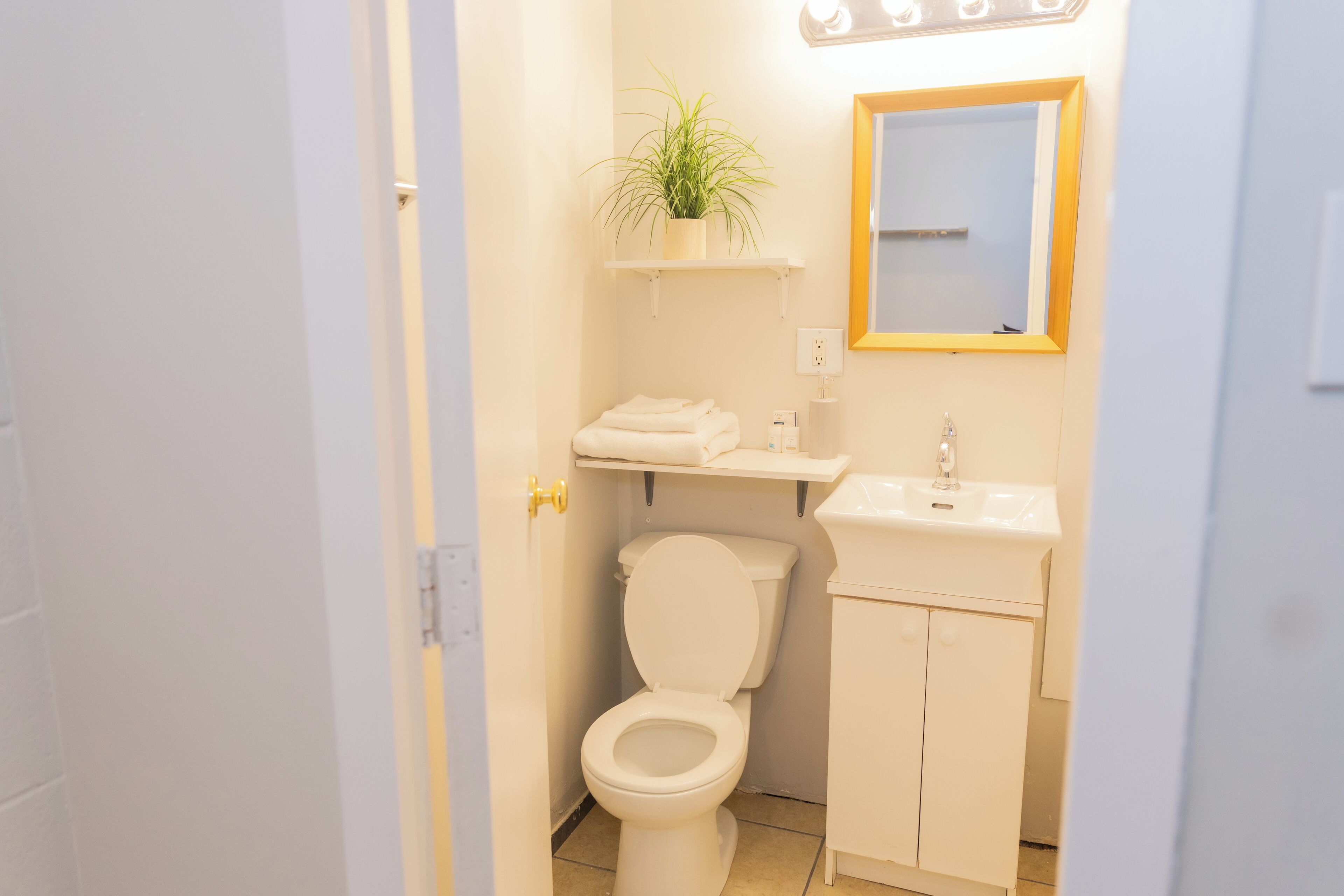 Bidet, towels, soap, toilet paper