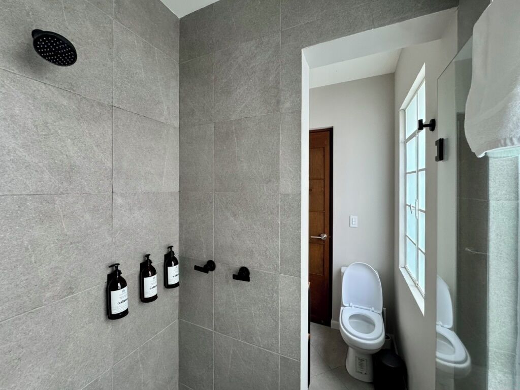 A bathroom with grey tiles, a showerhead, a toilet, and three bottles of shampoo.