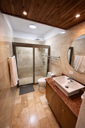 Douche, baignoire à jets, sèche-cheveux, serviettes fournies