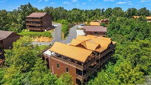 Un ensemble de chalets en bois à plusieurs étages, entouré d’une forêt dense, accessible par une route sinueuse.