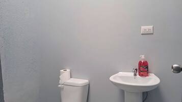 Chuveiro, secador de cabelo, toalhas de banho, sabonete