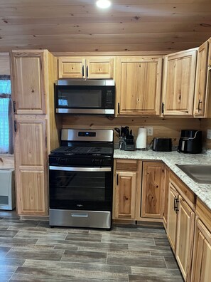 Een microgolfoven, een oven, een kookplaat