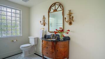 A bathroom with a toilet, vanity, sink, and mirror.