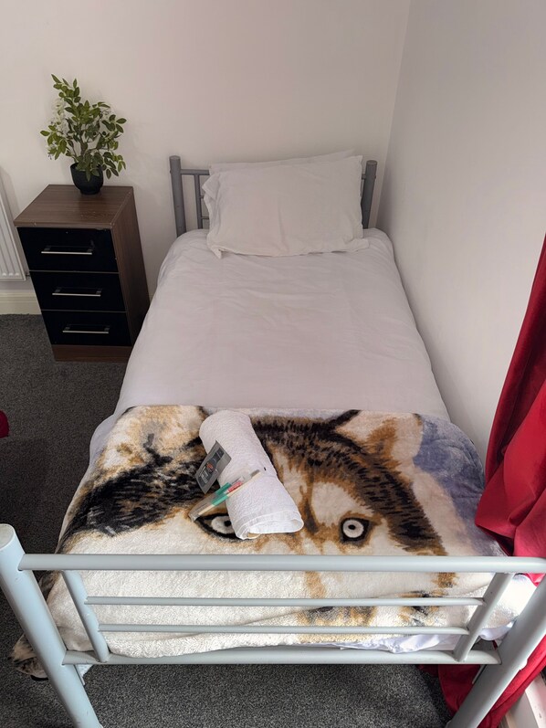 Una cama individual con colchón y almohadas blancos, una mesita de noche pequeña con una planta y un cabecero de metal.
