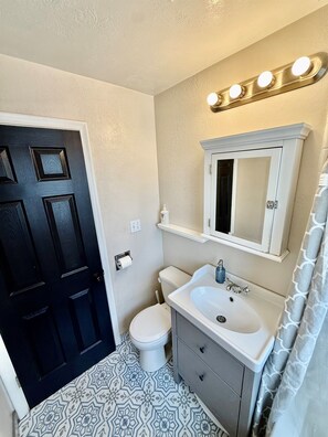Een badkamer met een zwarte deur, een wit toilet, een witte wastafel en een spiegel met verlichting erboven.