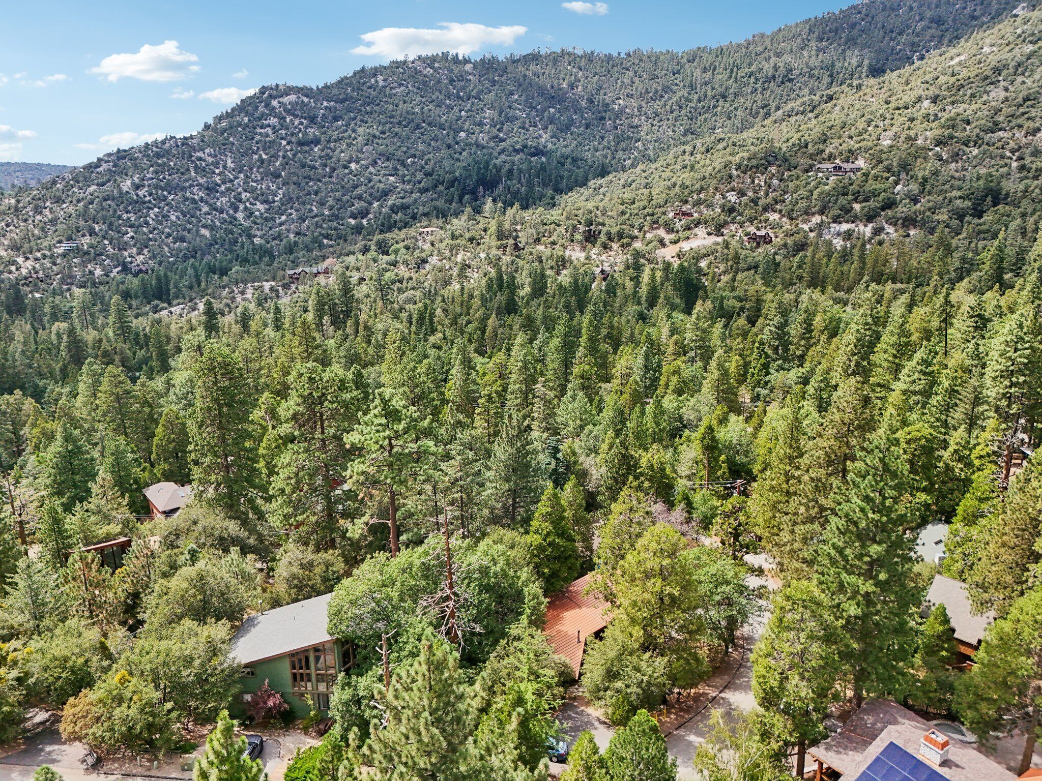 A mountainous area with dense forests and several cabins.