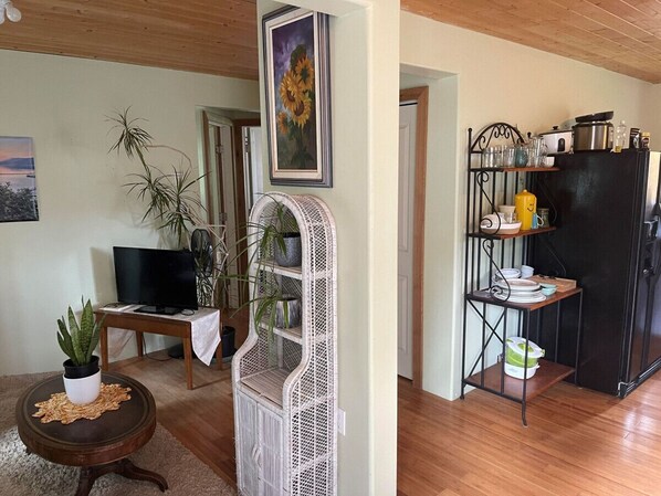 A living room with a television, a plant, a white decorative shelf, and a kitchen area with a black refrigerator and shelves.