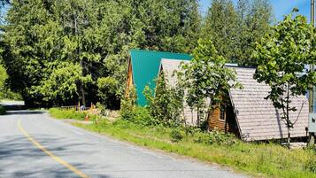 Una strada di campagna con una casetta di legno e un edificio con il tetto verde.