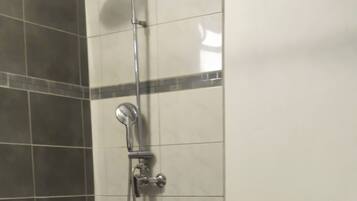 Shower, towels, soap, toilet paper