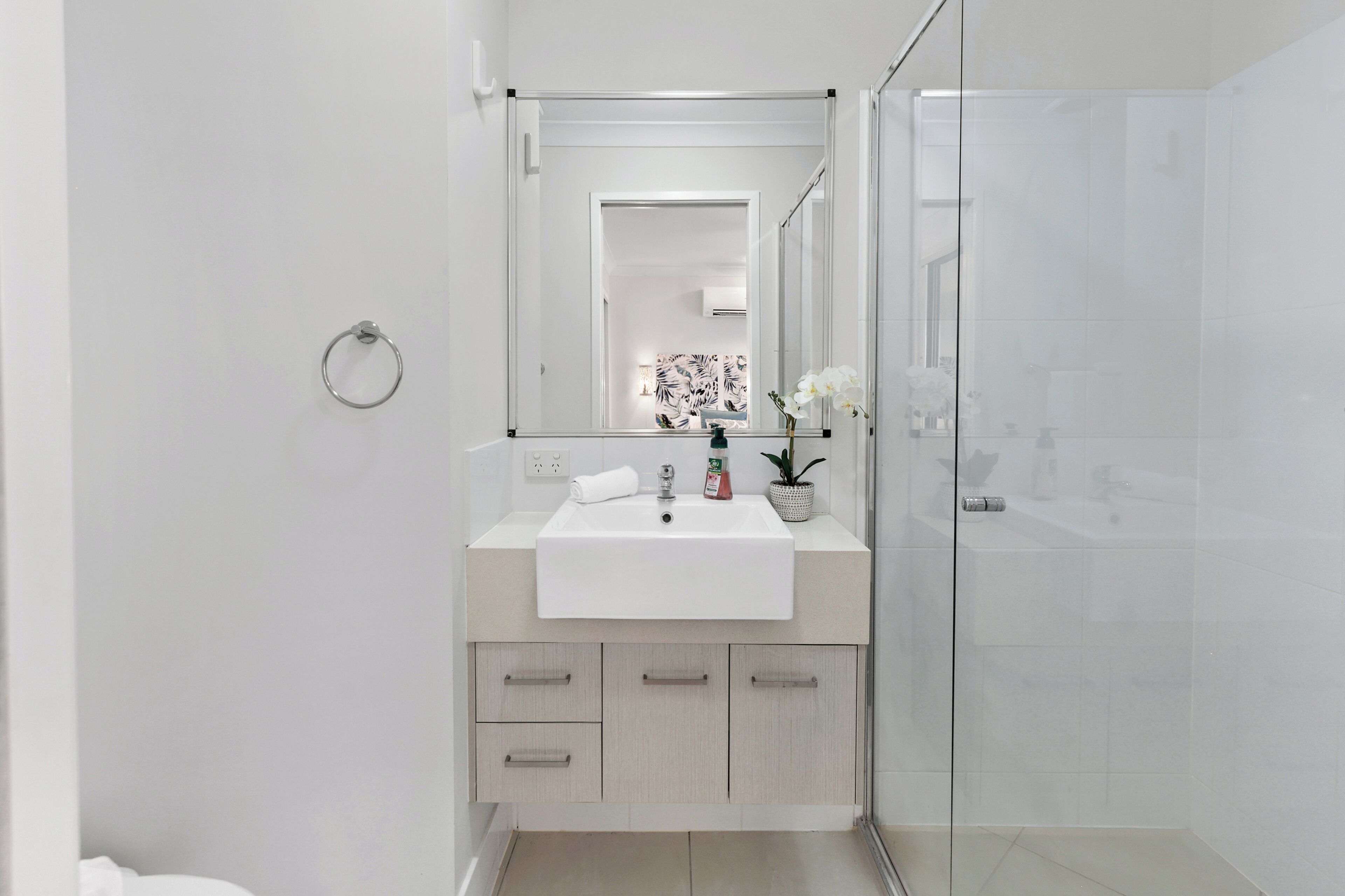 Shower, towels, soap, toilet paper