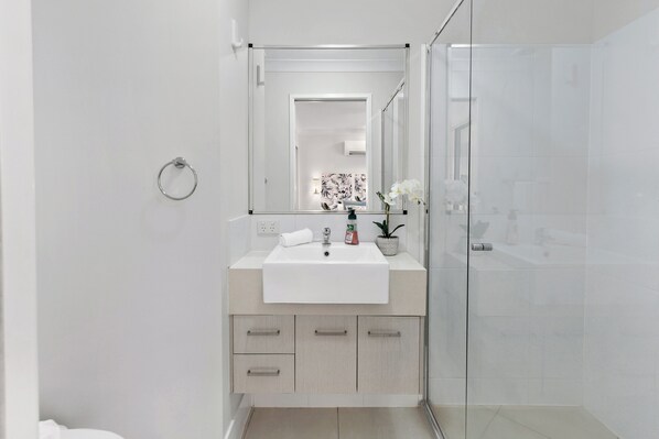 Shower, towels, soap, toilet paper