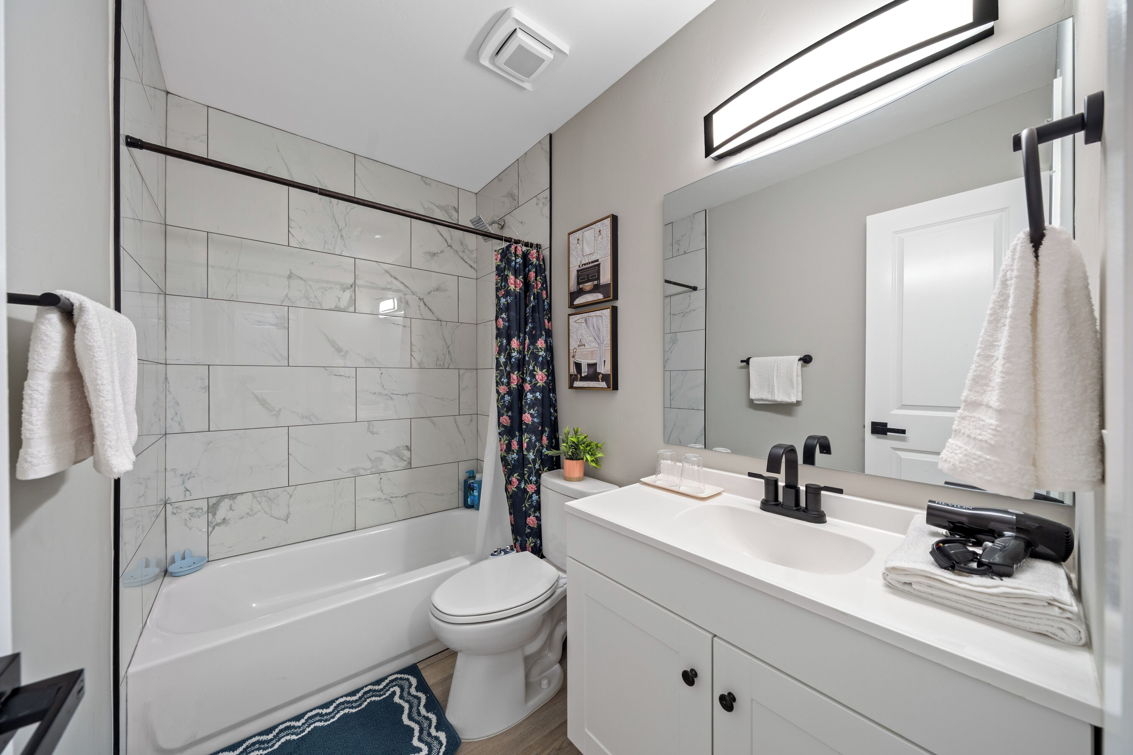 Eco-friendly toiletries, hair dryer, towels, soap