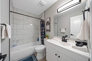 Eco-friendly toiletries, hair dryer, towels, soap