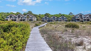 A series of beachfront cabins with a wooden boardwalk leading to them, surrounded by dense greenery and trees. - Unbeatable, OCEANFRONT Views - 4 bedroom Pelican Watch, FULLY RENOVATED! (Seabrook Island)
