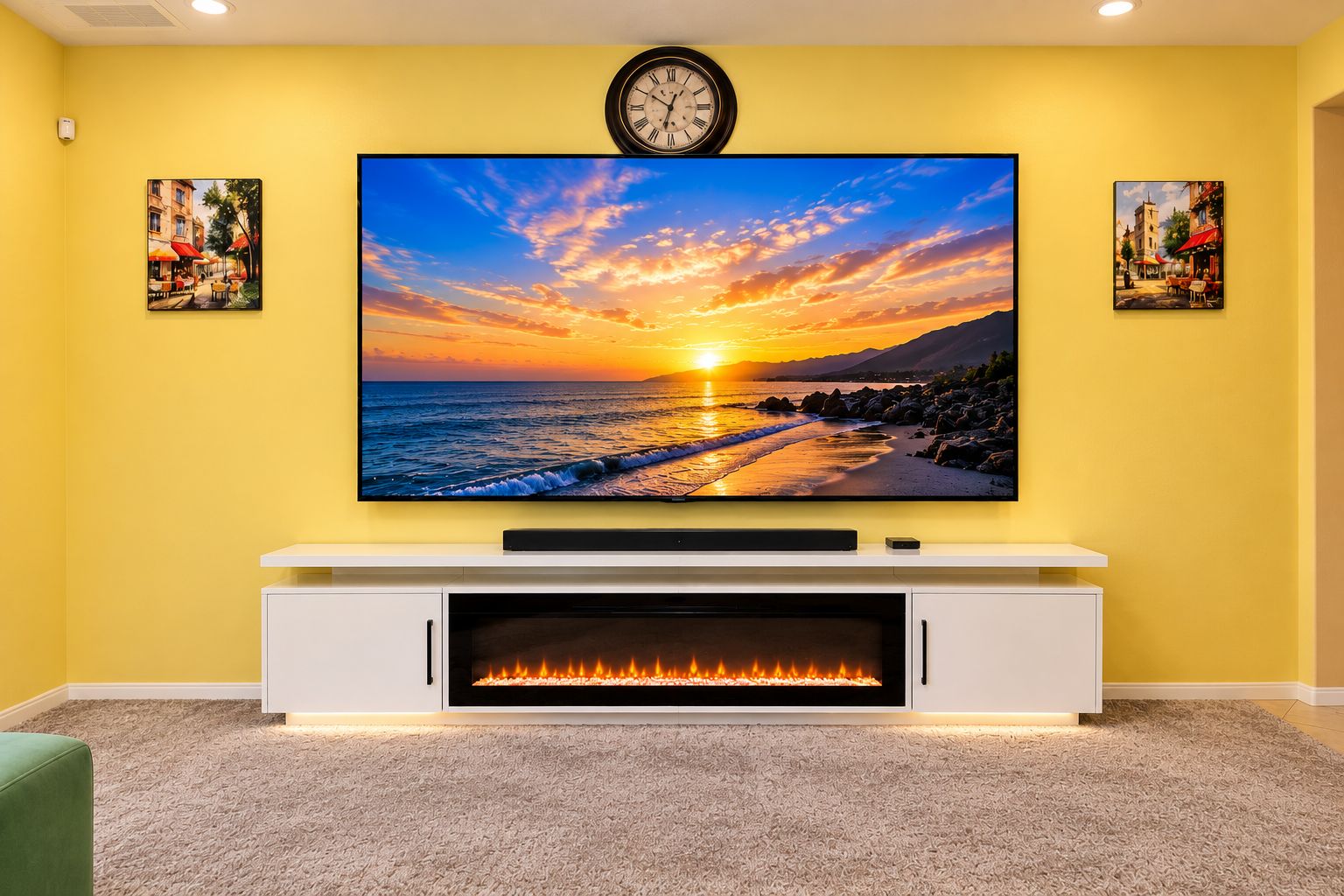 A living room with a flat-screen TV mounted above a fireplace, yellow walls, and two framed pictures on either side.