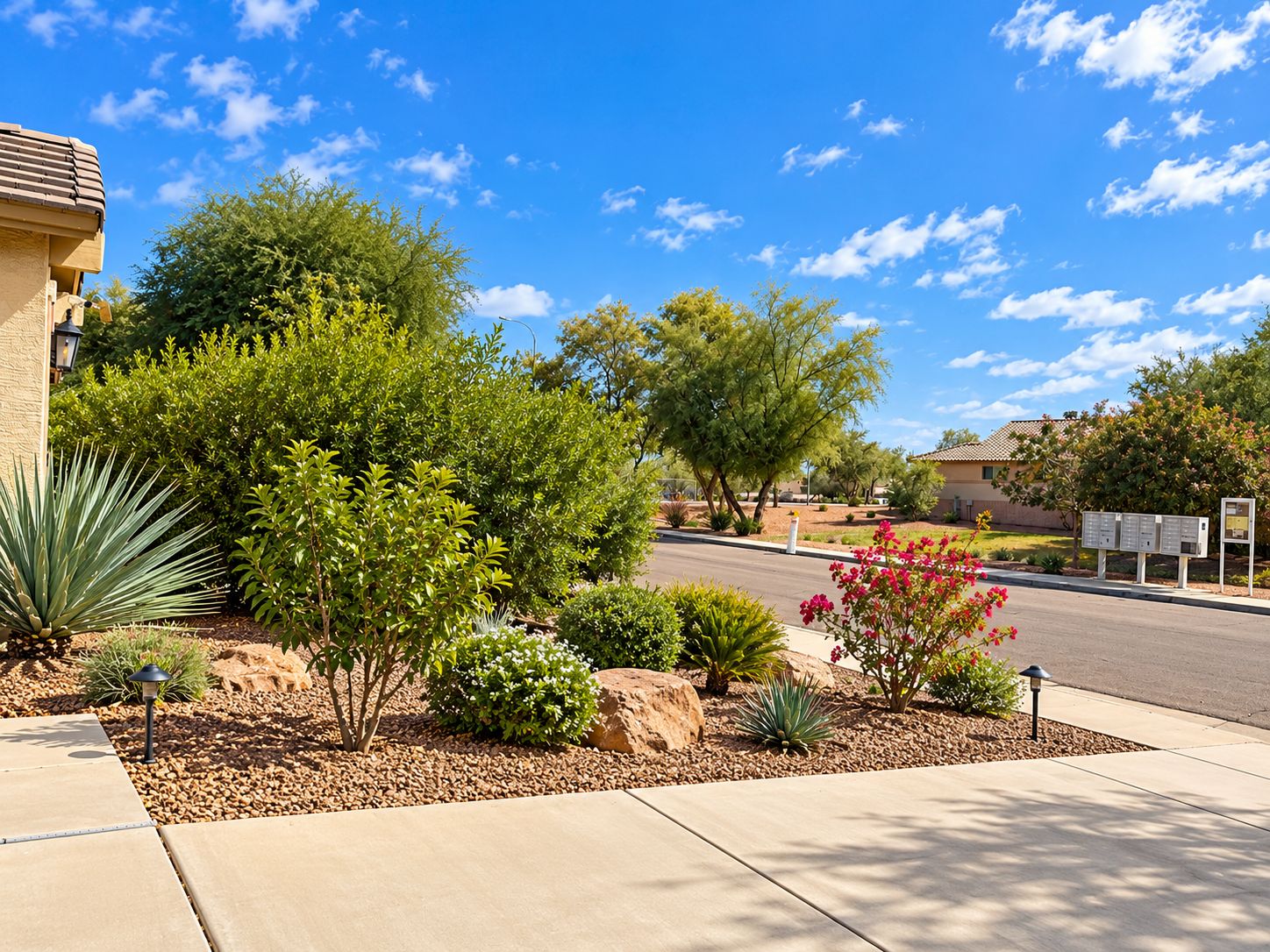 A residential street with a sidewalk, a row of houses, and a landscaped garden with various plants and a mailbox.