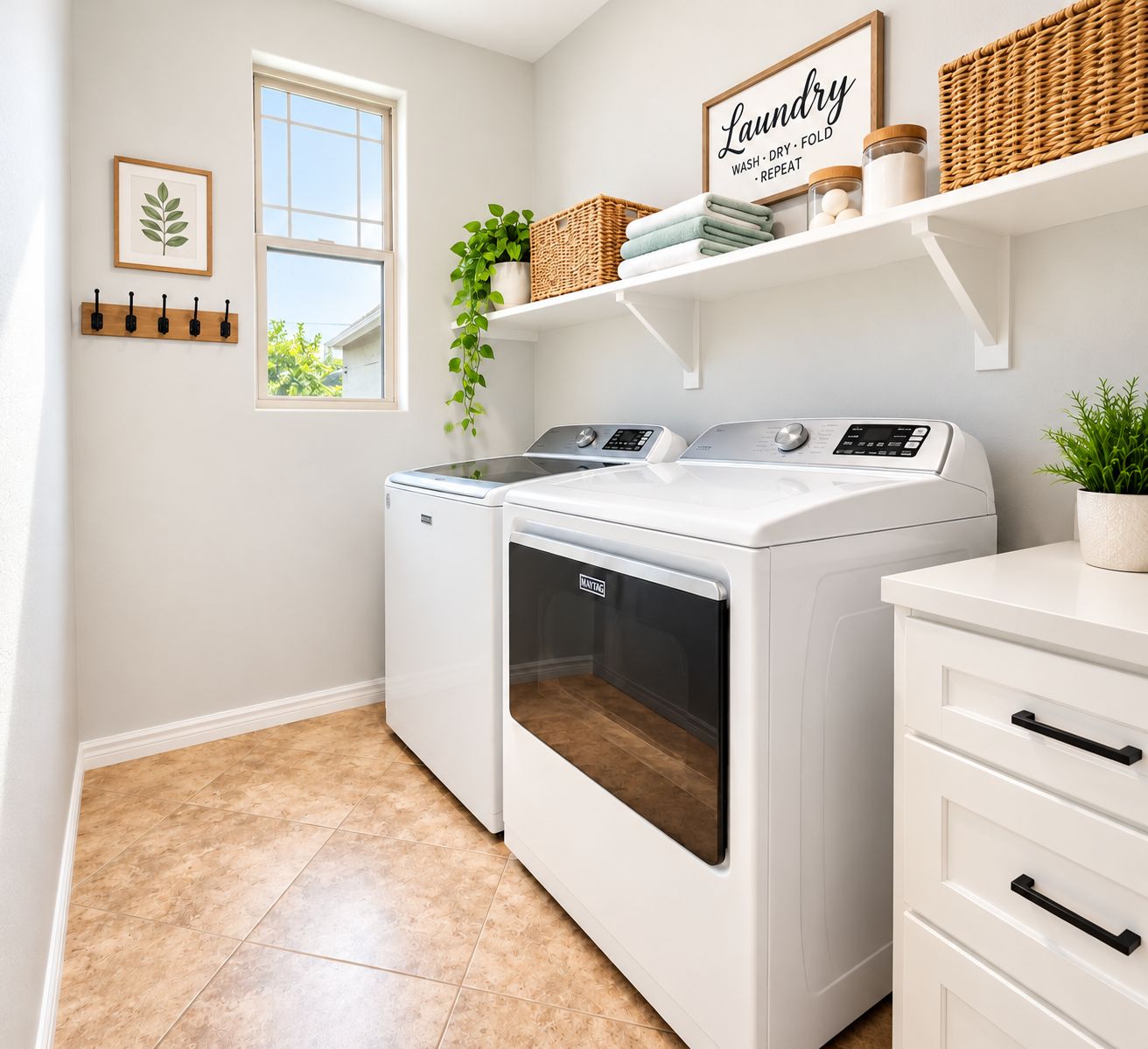 A laundry room with a front-loading washer and dryer, a shelf with baskets and a framed sign, and a window with a plant.