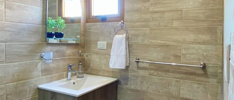 Regadera, toallas, jabón, papel de baño