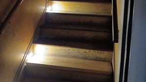 A staircase with wooden steps and metal railings, illuminated by overhead lights.