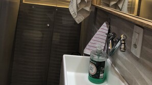 Une salle de bain moderne avec un grand miroir, deux serviettes suspendues, un lavabo avec un flacon de savon liquide et un espace douche.