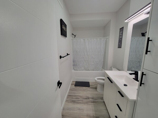 Hair dryer, towels, toilet paper