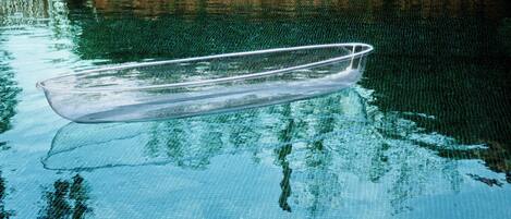 A clear glass bowl floating on water.