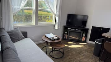 Een televisie en een open haard