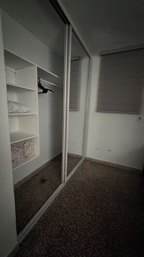 Una habitación con un espejo grande, un armario con estantes y suelo alfombrado.