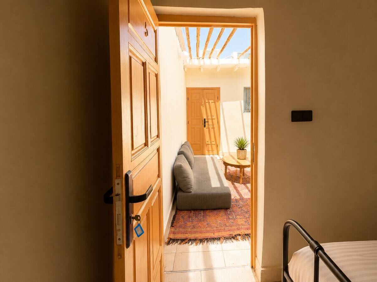 A room with a bed, a sofa, a small table with a plant, and a door leading to another room.