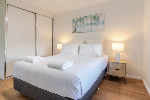 Bedroom 1: Queen, TV, Evaporative Cooling, Ceiling Fan + Built-in Robe