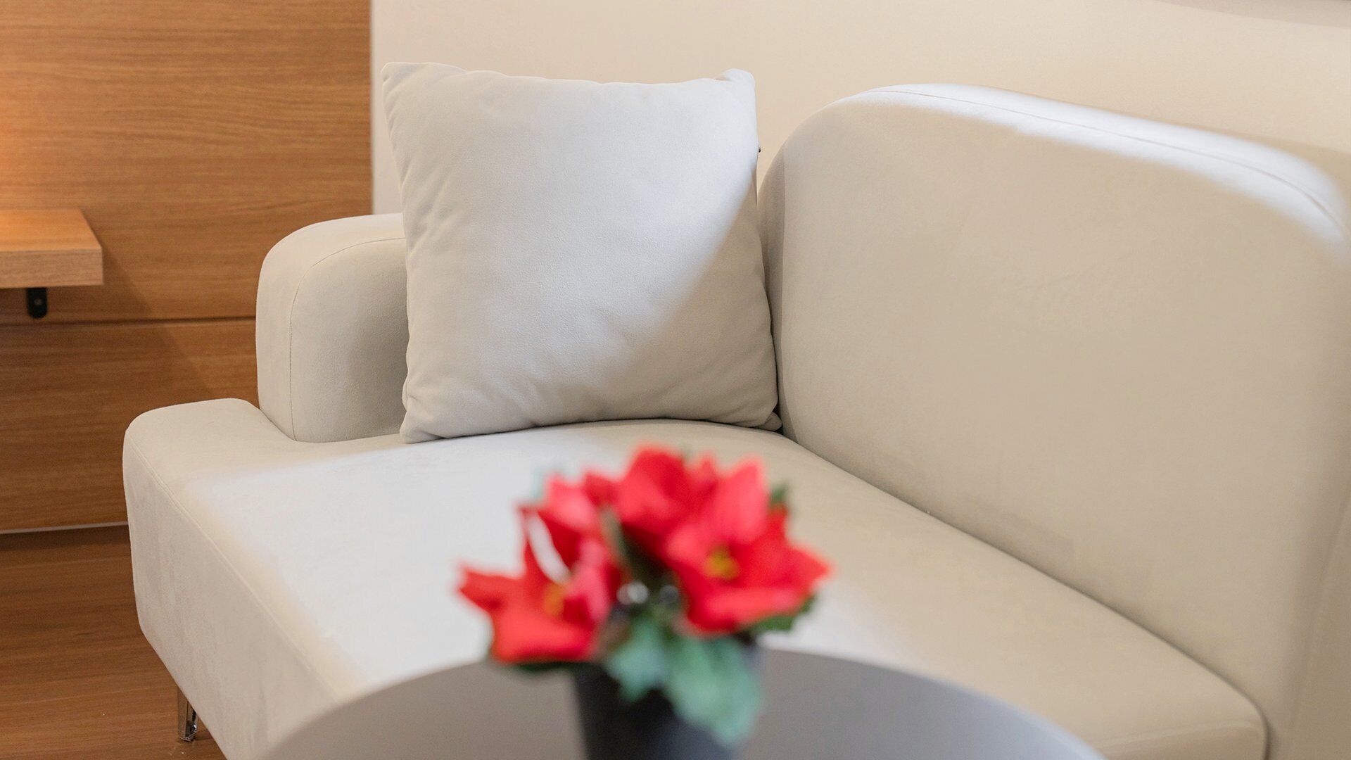 Un sofá moderno blanco con un solo cojín blanco, una mesita redonda con un florero de flores rojas y una mesita de madera.