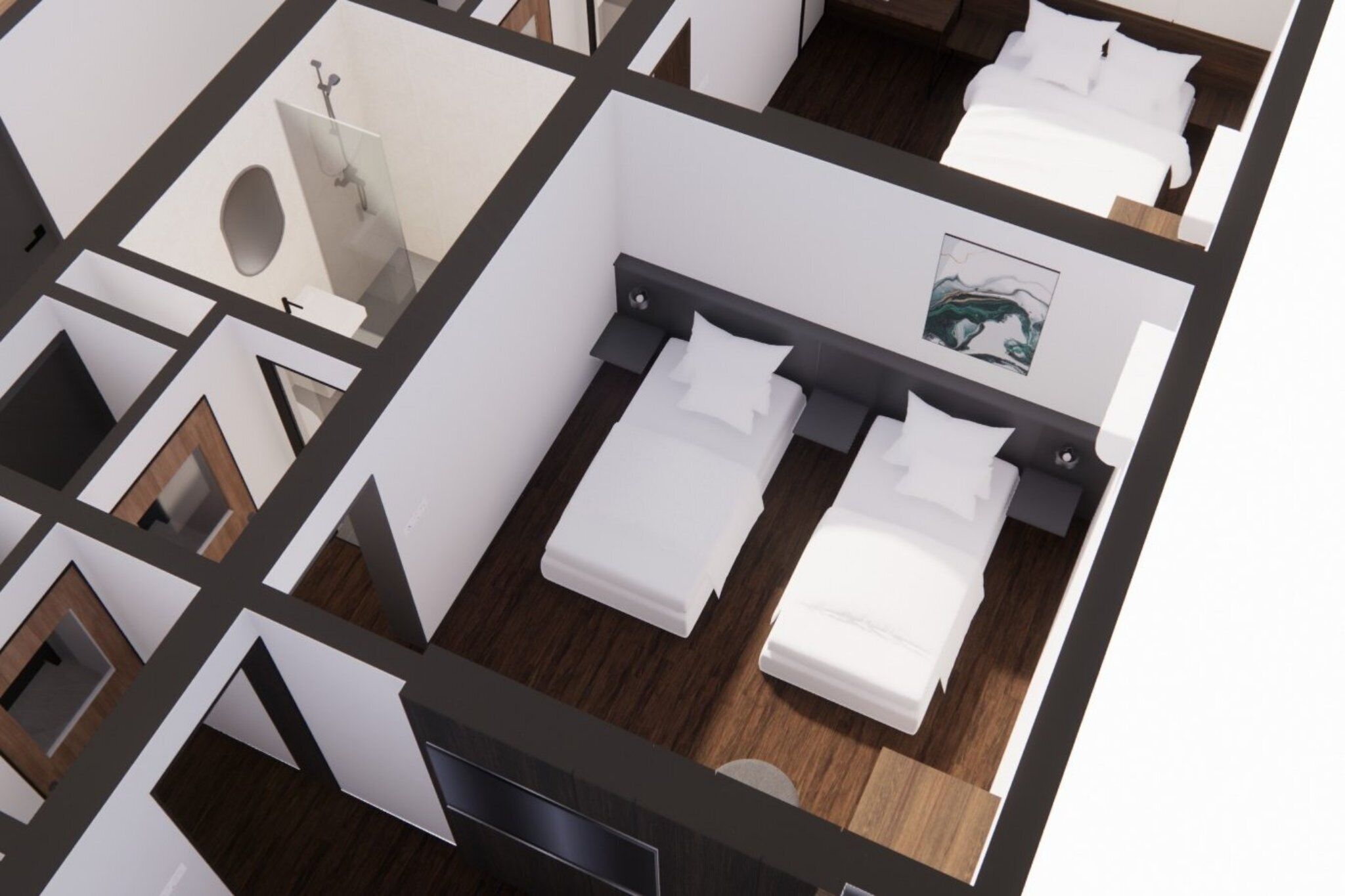 A modern hotel room with a bed, bedside tables, a painting, and a bathroom with a shower.
