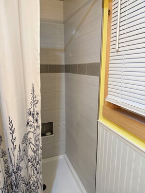Shower, towels, soap - Lakeside 1-Bedroom Home with Fireplace, Full Kitchen, Decks & Utilities Included (Averill Park)