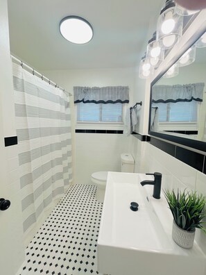 Hair dryer, towels, soap, toilet paper