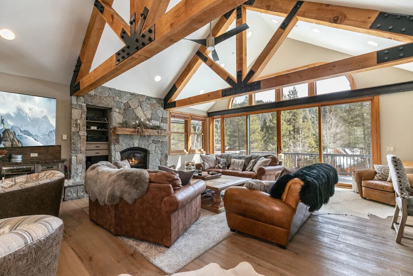 Televisión, chimenea, libros y estéreo 