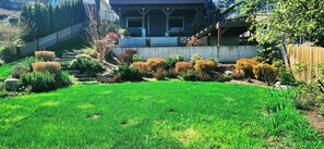 A well-maintained garden with a variety of plants and a wooden fence. - Amazing 2-BD waterfront in Kent/Seattle. Dock, BBQ, Paddle boards, Game room!  (Kent)