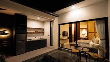 Villa, 1 Bedroom, Private Pool | Private kitchen | Fridge, stovetop, electric kettle, cookware/dishes/utensils