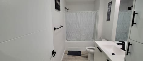 Hair dryer, towels, toilet paper