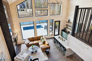 TV, fireplace, books