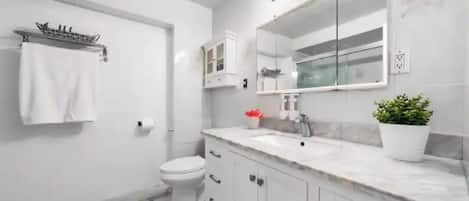 Shower, hair dryer, towels, soap