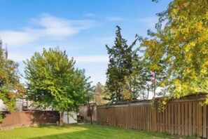 A backyard with a wooden fence, a lawn, and trees.