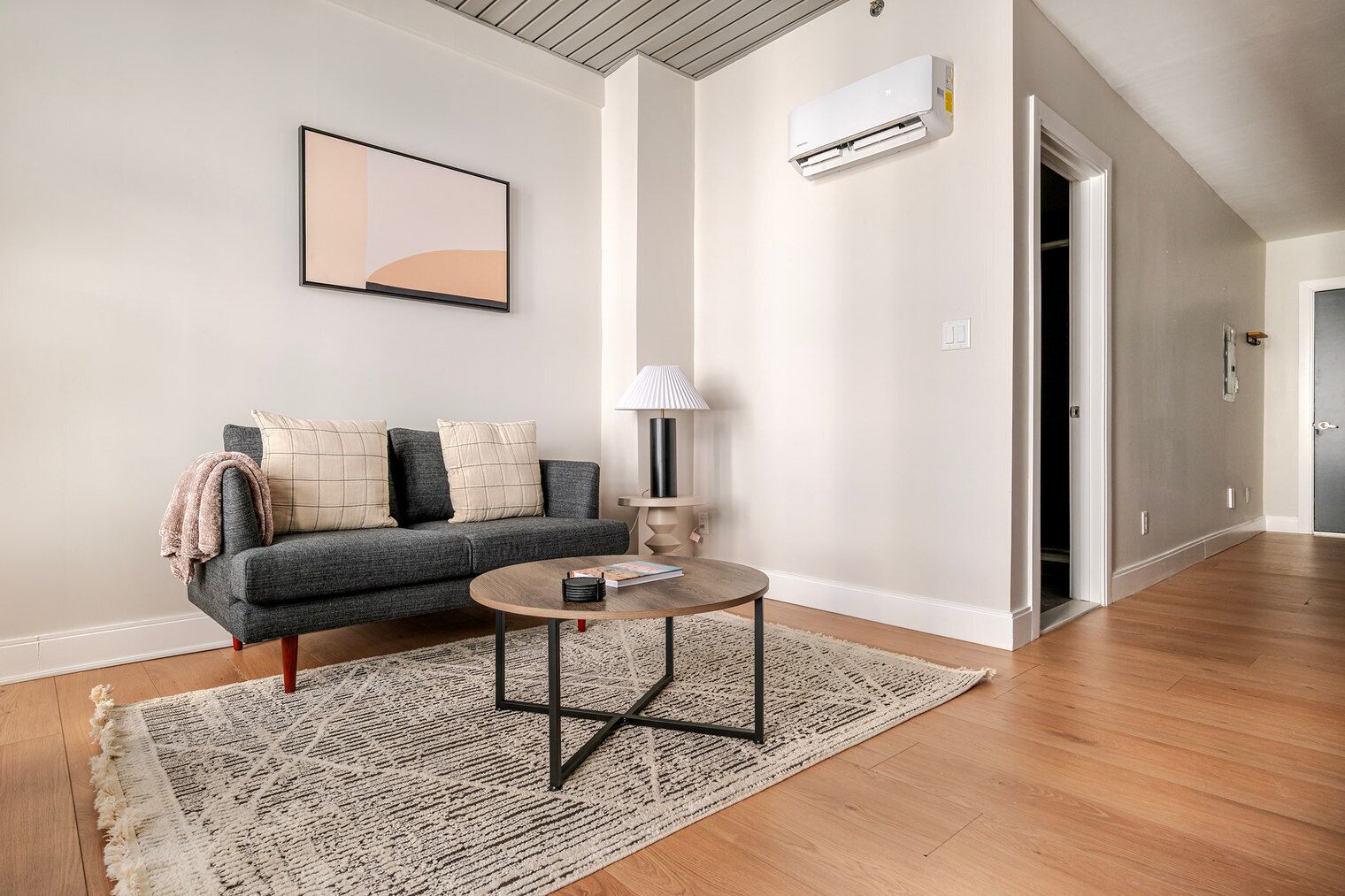 Ein Wohnzimmer mit grauem Sofa, rundem Couchtisch, einem gemusterten Teppich und einer Klimaanlage an der Wand.