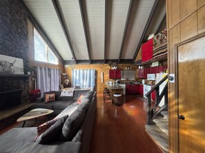 Smart TV, fireplace, DVD player, books