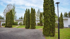 Een rij witte bungalows met een grindpad en hoge, naaldboomreigers.