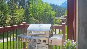 Un patio con una parrilla de acero inoxidable, una mesa pequeña con una planta en maceta y vistas a un bosque y montañas.