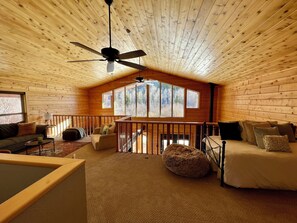 Fireplace, books, music library, stereo